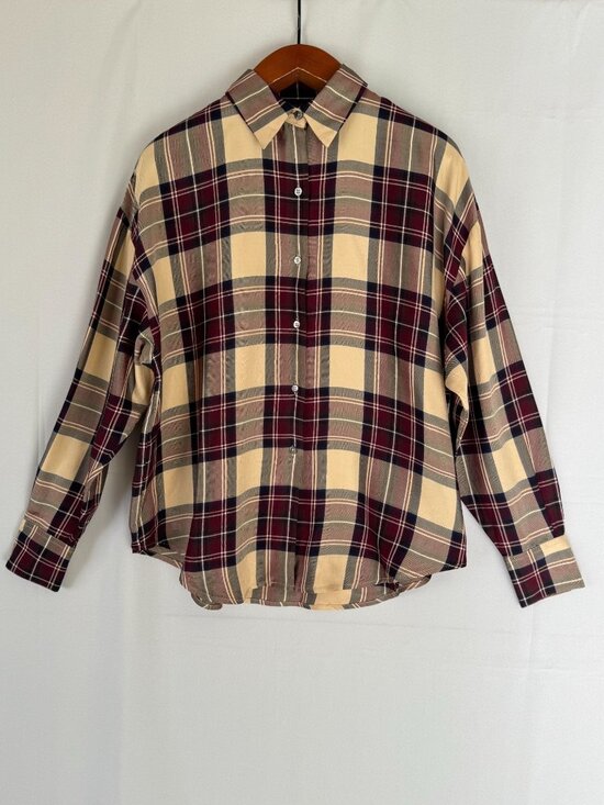 Vintage Classiques Entier 100% Silk Tan Burgundy Tartan Plaid Button Up Shirt XL - Picture 1 of 11